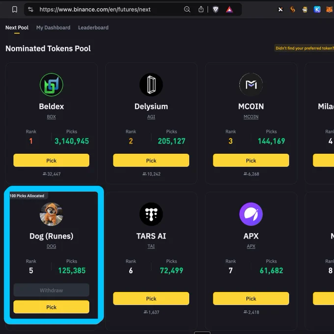 $DOG is up for listing nomination on Binance