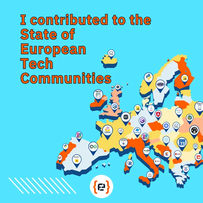 Mapa de Europa con logos de comunidades tecnologicas en todos los paises. Arriba el texto: I contributed to the State of European Tech Communities