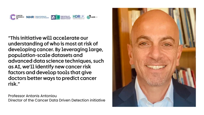 Copy reads: “This initiative will accelerate our understanding of who is most at risk of developing cancer. By leveraging large, population-scale datasets and advanced data science techniques, such as AI, we’ll identify  new cancer risk factors and develop tools that give doctors better ways to predict cancer risk.” Professor Antonis Antoniou, Director of the Cancer Data Driven Detection initiative. Headshot of Antonis Antoniou on the right, and logo lock-up at the top left. 