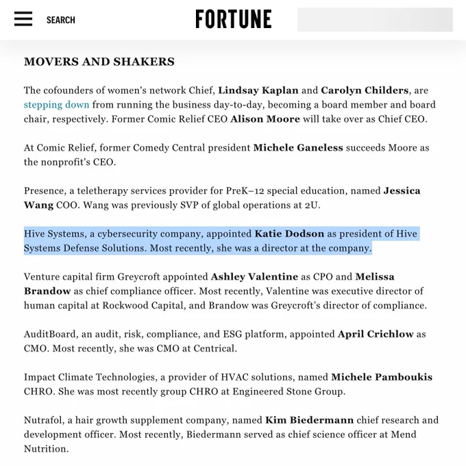 Screenshot of a Fortune article titled 'Movers and Shakers,' listing leadership changes across organizations. Highlights include Hive Systems appointing Katie Dodson as President of Hive Systems Defense Solutions, noting her previous role as director at the company."
