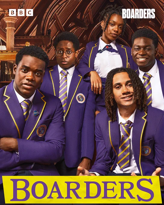 The key art for the drama comedy title Boarders series two. 
The cast (L to R) played by Josh Tedeku, Myles Kamwendo, Jodie Campbell, Sekou Diaby and Aruna Jalloh all wear purple school uniforms and have various expressions. The bacground of the shot is wooden awnings of a chapel syle building. 