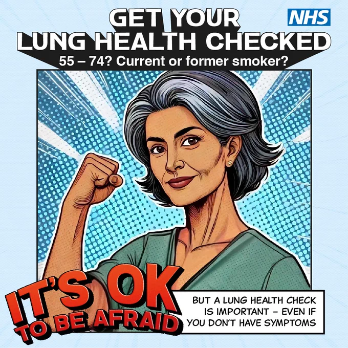 An NHS promotional image in comic book style featuring a person with grey hair, raising their fist with confidence. Text encourages those aged 55-74, who are current or former smokers, to get a lung health check, stating "It's OK to be afraid but a lung health check is important - even if you don't have symptoms.