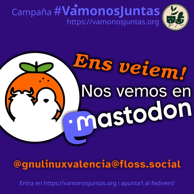 Cartel con un gran slogan, "Ens veiem! Nos vemos en Mastodon", i el logo de la Asociación de Usuarios de GNU/Linux de València. También se anuncia que es parte de la campana #VámonosJuntas (https://vamonosjuntas.org), y se anuncia el usuario @gnulinuxvalencia@floss.social de Mastodon para que se pueda seguir. 