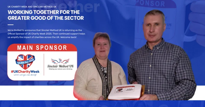 On the right, two representatives of Sinclair Method UK are pictured holding a UK Charity Week-branded cake. The background is blue, and on the left is the Main Sponsor logo, featuring the UK Charity Week logo alongside the Sinclair Method UK logo.
