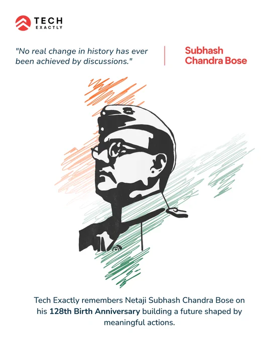 A digital illustration of Subhash Chandra Bose, a prominent figure in India's fight for independence. The image features a close-up portrait of Bose in profile, with a thoughtful expression. The background is a stylized Indian flag with a tri-color gradient of saffron, white, and green. The quote "No real change in history has ever been achieved by discussions." is displayed prominently, highlighting Bose's belief in action over words.