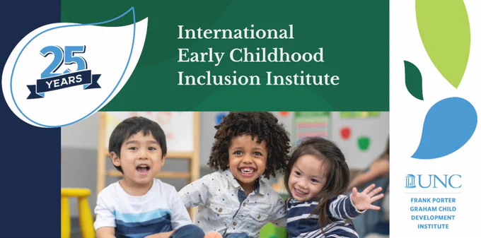 25th anniversary International Early Childhood Inclusion Institute; photo of three small children smiling with decorative leaves floating alongside
