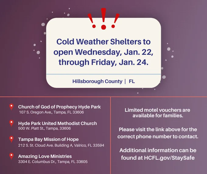 Informational graphic about cold weather shelters open from January 22 through January 24 in Hillsborough County, FL. Lists locations and additional services such as limited motel vouchers. Visit HCFL.gov/StaySafe for more details.