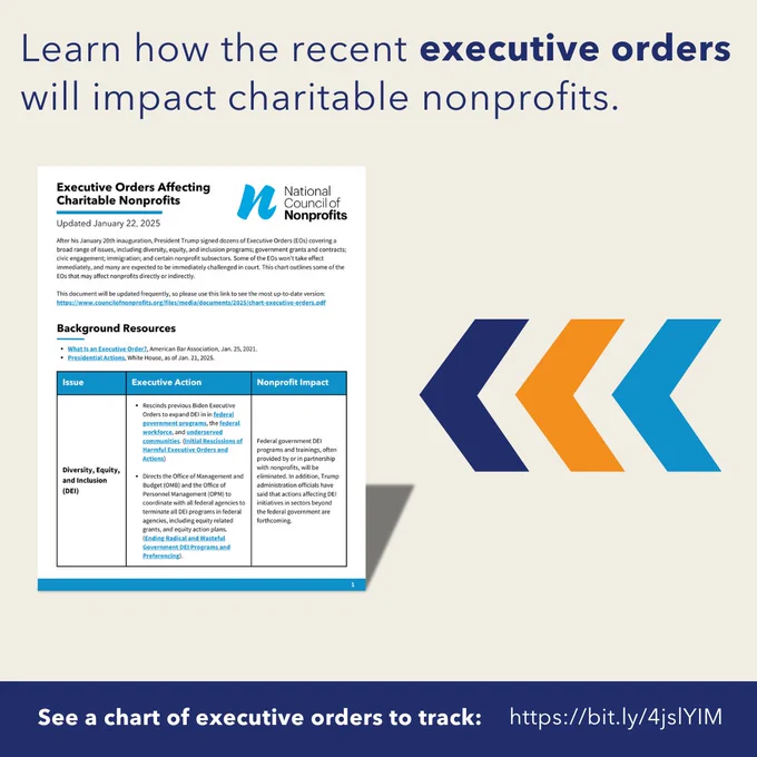 Image of a document with the text, "Learn how the recent executive orders will impact charitable nonprofits."