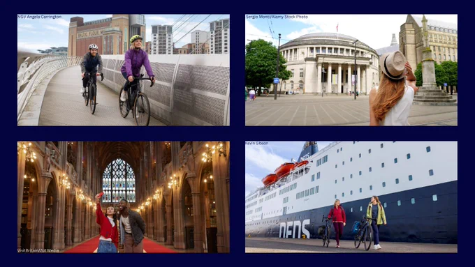 Collage of 4 photos showing destinations in Newcastle Gateshead and Manchester and surrounding areas
Top left: A woman and a man cycling over the Gateshead Millennium Bridge, with the BALTIC Centre for Contemporary Art in the background.
Credit: NGI/Angela Carrington 

Top right: Girl walking in St Peter square in Manchester looking at Manchester Library.
Credit: Sergio Monti/Alamy Stock Photo

Bottom left: Two men taking a selfie inside the John Rylands Library, Manchester.
Credit: VisitBritain/Zut Media

Bottom right: Two women push bicycles with a DFDS ferry behind them. 
Credit: Kevin Gibson 
