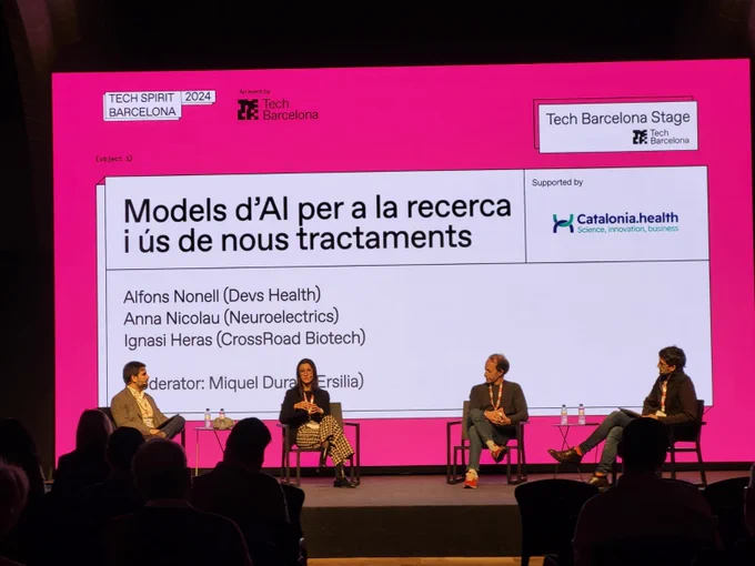 Models d'AI per a la recerca i ús de nous tractaments. Alfons Nonell, Anna Nicolau, Ignasi Heras. Moderator: Miquel Duran. Tech Spirit Barcelona 2024.
