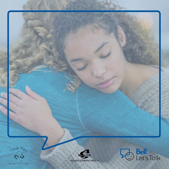 Background image of a young girl looking sad, being hugged by another girl. Square talk box around her face. The Net logo, Ancaster Community Services logo, Bell Let's Talk Logo across the bottom