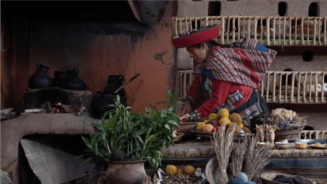 Indigenous woman preparing natural dyes for traditional textile dyeing in Peru, courtesy of aguixa/Shutterstock.com.