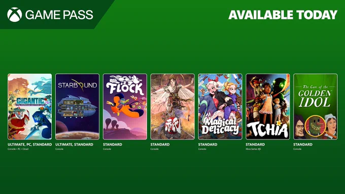 Gigantic: Rampage Edition, Starbound, Flock, Kunitsu-Gami: Path of the Goddess, Magical Delicacy, Tchia, and The Case of the Golden Idol are available today with Xbox Game Pass.