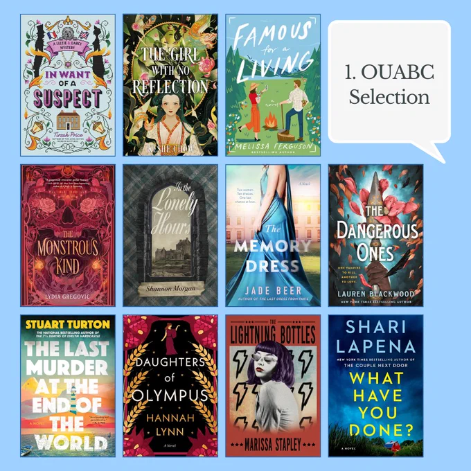 1. OUABC Selection with 11 book covers including in want of a suspect, famous for a living, the memory dress, and more