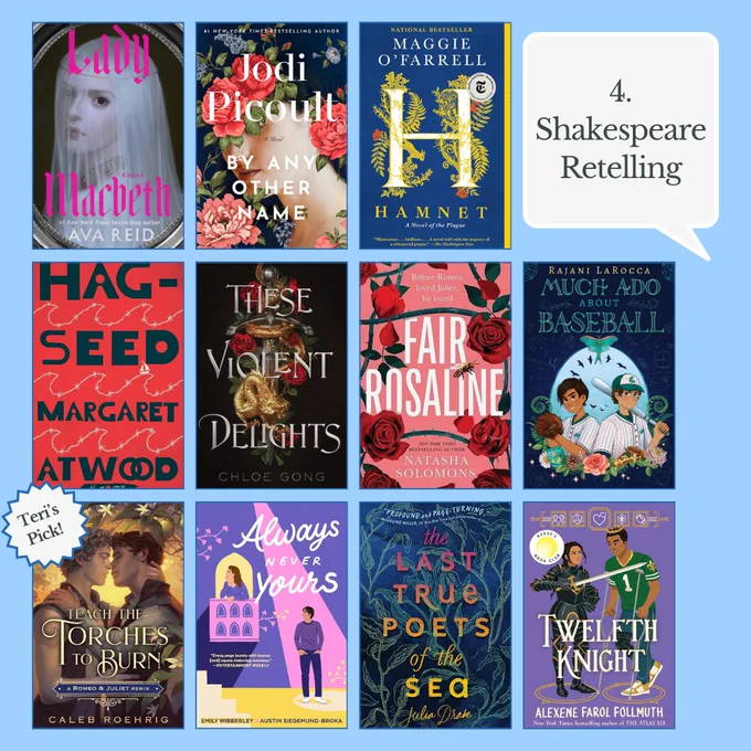 4. Shakespeare Retelling with 11 book covers including Lady Macbeth, fair rosaline, these violent delights, etc