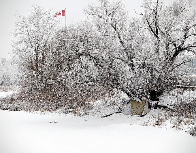 A picture in winter of a tent nestled under a large sprawling tree at a homeless encampment in Calgary. Snow blankets the ground and the background sky is grey, and is punctured by a canadian flag waving above the tree branches. Photo: Wiki Commons - Dwayne-Reilander: CC4
