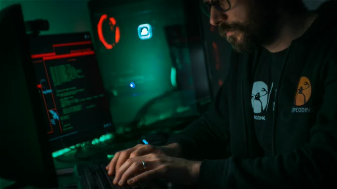 An investigator coding in a dark room, illuminated by the red and green lights from multiple computer screens displaying lines of code. The individual, wearing glasses and a hoodie with a programming logo, is deeply engaged in their work.