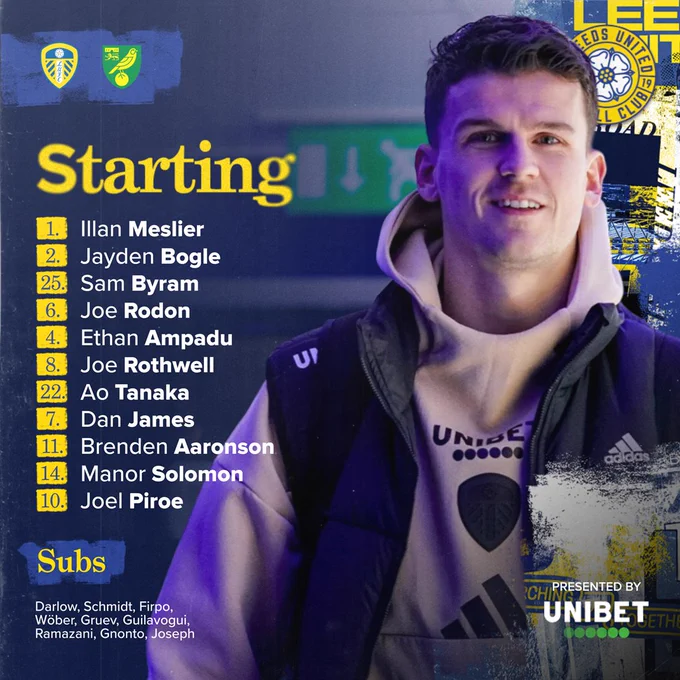 Starting XI: Meslier, Bogle, Byram, Rodon, Ampadu, Rothwell, Tanaka, James, Aaronson, Solomon, Piroe