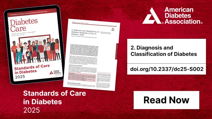 Cover of 'Standards of Care in Diabetes 2025' by the American Diabetes Association alongside an excerpt titled '02. Diagnosis and Classification of Diabetes' with a DOI link (doi.org/10.2337/dc25-S002) and a 'Read Now' button on a red background.