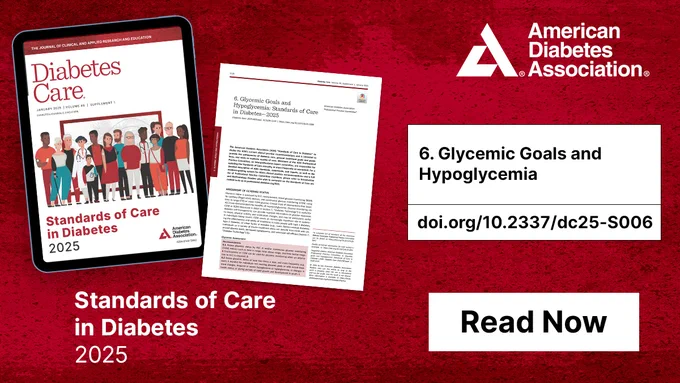 Cover of 'Standards of Care in Diabetes 2025' by the American Diabetes Association alongside an excerpt titled '06. Glycemic Goals and Hypoglycemia' with a DOI link (doi.org/10.2337/dc25-S006) and a 'Read Now' button on a red background.