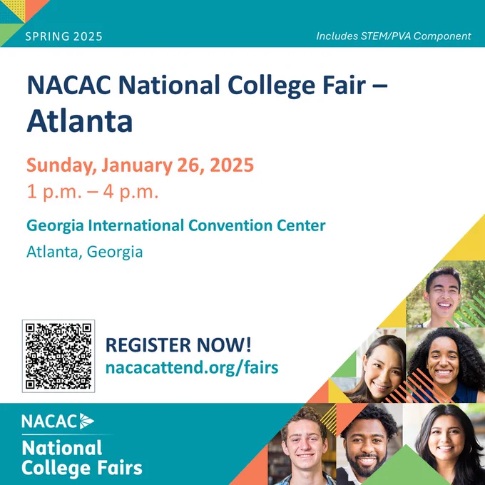 NACAC National College Fair in Atlanta is Sunday, Jan. 26, 2025 from 1-4 p.m. Can the QR code below to register