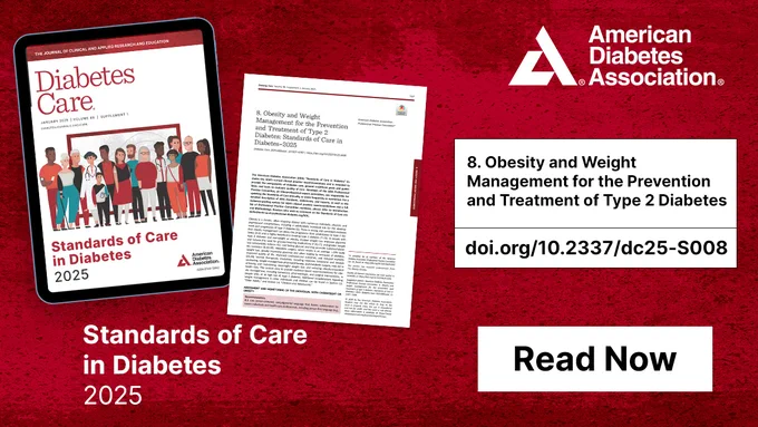 Cover of 'Standards of Care in Diabetes 2025' by the American Diabetes Association alongside an excerpt titled '08. Obesity and Weight Management for the Prevention and Treatment of Type 2 Diabetes' with a DOI link (doi.org/10.2337/dc25-S008) and a 'Read Now' button on a red background.