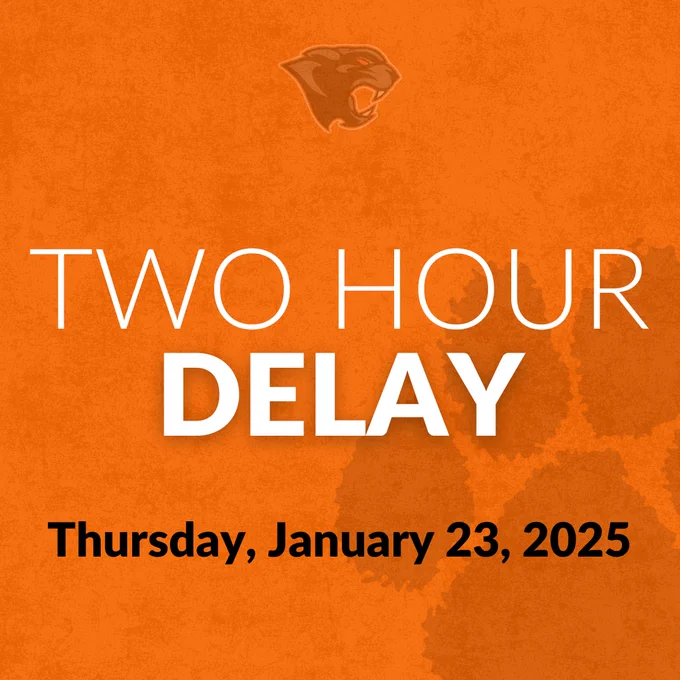 Two-hour delay graphic for Thursday, January 23, 2025. Faded panther head and panther paw on an orange background. 