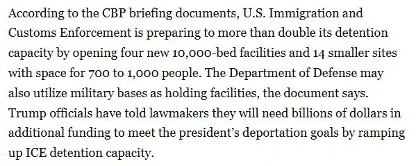 According to the CBP briefing documents, U.S. Immigration and Customs Enforcement is preparing to more than double its detention capacity by opening four new 10,000-bed facilities and 14 smaller sites with space for 700 to 1,000 people. The Department of Defense may also utilize military bases as holding facilities, the document says. Trump officials have told lawmakers they will need billions of dollars in additional funding to meet the president’s deportation goals by ramping up ICE detention capacity.