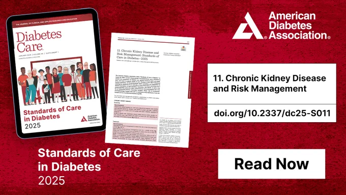 Cover of 'Standards of Care in Diabetes 2025' by the American Diabetes Association alongside an excerpt titled '11. Chronic Kidney Disease and Risk Management' with a DOI link (doi.org/10.2337/dc25-S011) and a 'Read Now' button on a red background.