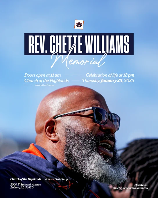 Graphic stating a location change for tomorrow's memorial for Rev. Chette Williams. It will now take place at Church of the Highlands - Auburn East Campus. Doors are opening at 11am with the celebration of life beginning at 12pm.
