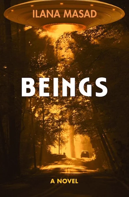 book cover featuring a photograph of a car driving away on a road winding through tall trees. At the level of the treetops is a UFO shining a light down. The whole thing is awash in a sort of orange yellow glow. 
