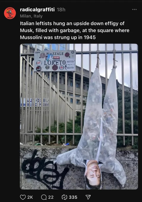 upside down effigy of Musk, filled with garbage, at the square where Mussolini was strung up in 1945