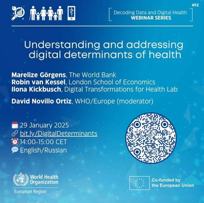 Graphic announcing DTH-Lab Director Ilona Kickbusch, speaking at the WHO's inaugural webinar for the third year of the "Decoding Data and Digital Health" series. The focus will be on "The Digital Determinants of Health," as highlighted in a recent study by LSE and WHO regarding key digital factors influencing health. Date: Wednesday, January 29, 2025, and Time: 14:00 - 15:00 CET