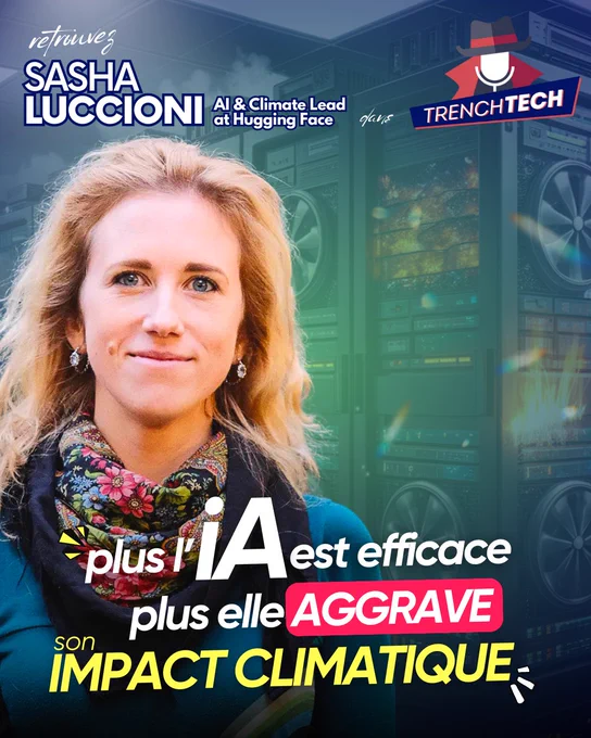 La couverture de notre dernier épisode du podcast Trench Tech acev Sasha Luccioni, AI & Climate lead chez HuggingFace