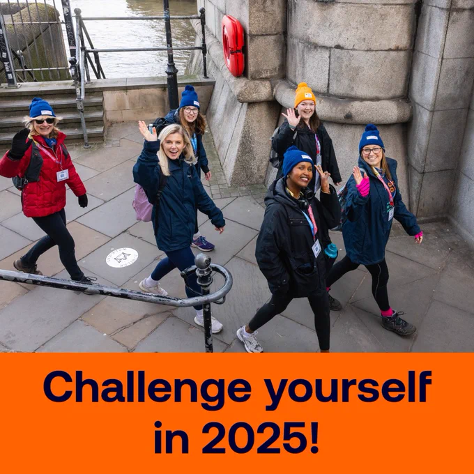 6 supporters waving at camera. 4 of them are wearing blue Guy's Cancer Charity beanies, and 1 is wearing an orange Evelina London Children's Charity beanie. There is an orange banner at the bottom of the image which reads 'Challenge yourself in 2025!' in navy blue writing.