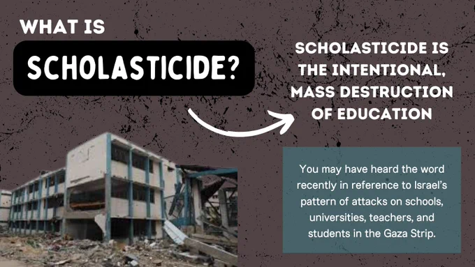 A brown background with a black speckled filter over the top. White text asks what is scholasticide with the word scholasticide highlighted in black.