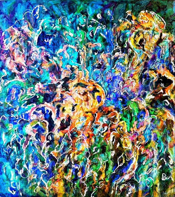 An abstract painting featuring NFTs with a color palette of yellows, greens, and blues