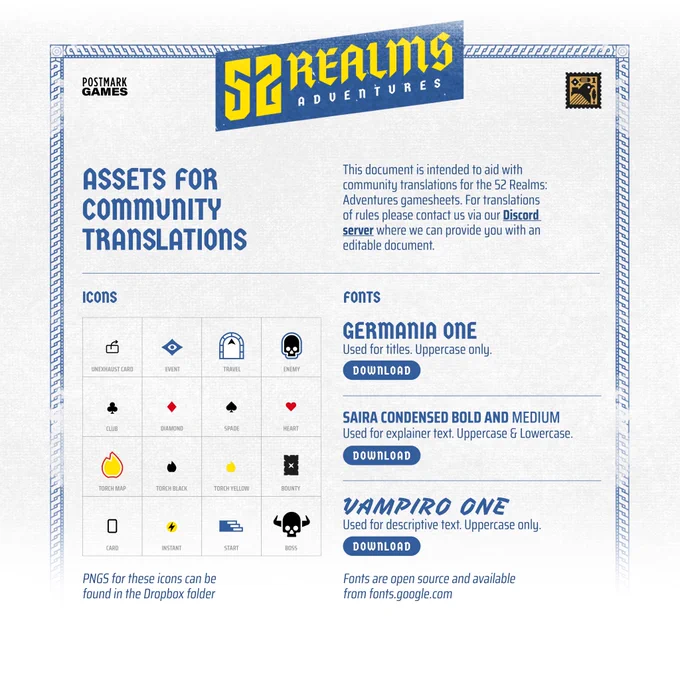 A small guideline on using 52 Realms: Adventures assets in creating community gamesheet translations.