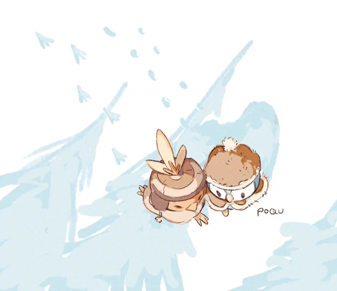 a loose illustration of piplup and torchic running through the snow, seen from above. they’re wearing winter hats and cloaks, and there are light blue shadows of trees and footprints in the snow