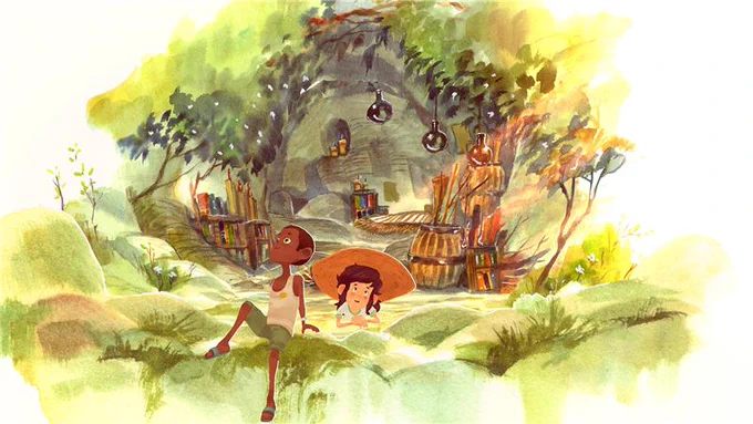 Mimi and her friend sit together in a lush, green landscape. They are surrounded by trees, a cave with a cozy interior, and a collection of interesting objects.