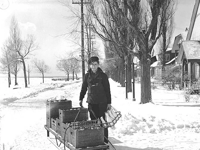 Black and white photo of a milkman delivering bottles of milk in crates on a sled in the snow. Houses and bare trees in the background.