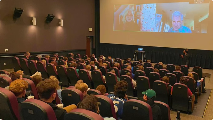 Photo 1: Students watch 999: The Forgotten Girls and participate in a Q&A with the filmmaker and producer. Photo 2: Film still from The Cure for Hate. Photo 3: Film still from The Boy in the Woods.