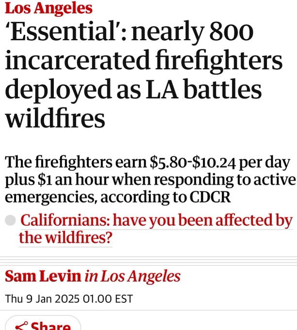 'Essential': nearly 800 incarcerated firefighters deployed as LA battles wildfires
The firefighters earn $5.80-$10.24 per day plus $1 an hour when responding to active emergencies, according to CDCR