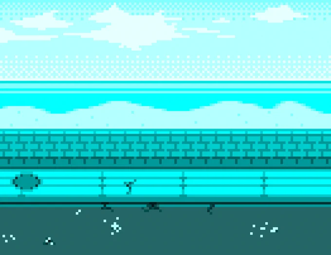 A pixel art scene of a beach, using a monochromatic colour schema.