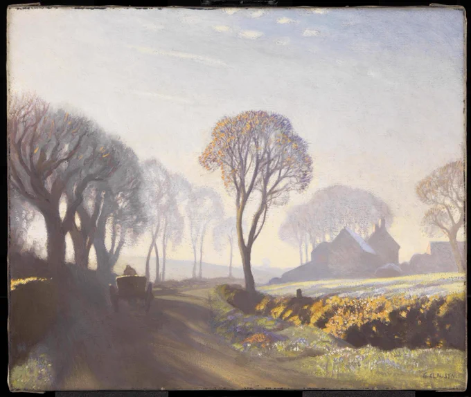 A painting depicting a countryside landscape during the winter with trees and cart travelling along the road.