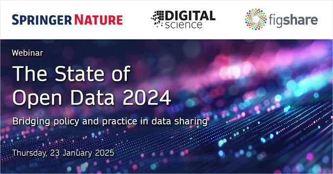 A promotional image for a webinar titled "The State of Open Data 2024," focusing on bridging policy and practice in data sharing. The image features a colorful, blurred background with light effects, and includes logos for Springer Nature, Digital Science, and Figshare, along with the date "Thursday, 23 January 2025."
