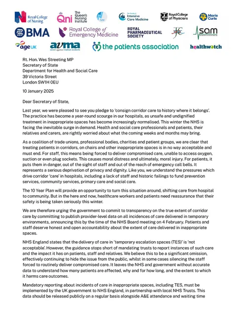Letter to Wes Streeting from the RCN and a coalition of health organisations.
