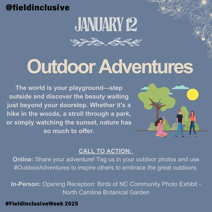 Promotional graphic for Field Inclusive Week 2025 with a light blue background and a nature-themed design. The graphic includes an illustration of three people engaging in outdoor activities—walking, stretching, and sitting under a tree—against a backdrop of a sun, clouds, and trees. A hashtag is at the bottom: ‘#FieldInclusiveWeek 2025.