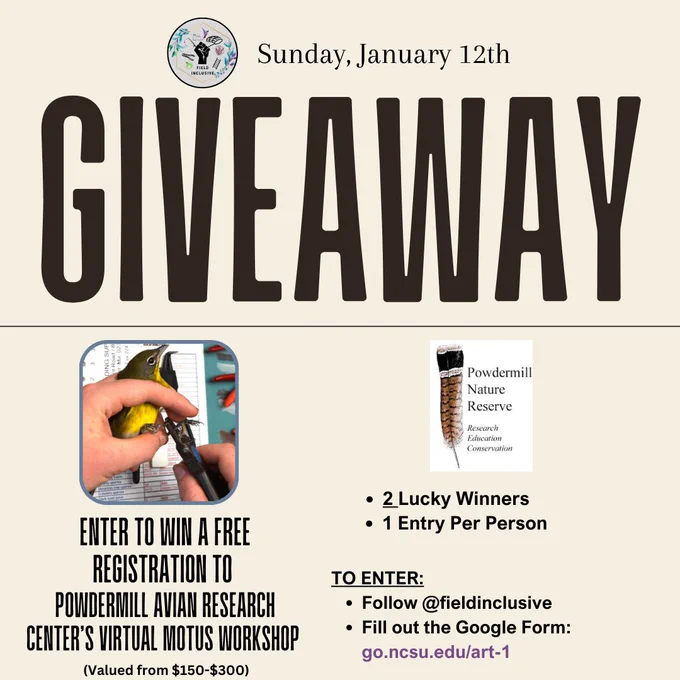 Graphic promoting a giveaway as part of Field Inclusive Week. On the left, a photo shows hands holding a small bird while recording data in the background. On the right, the Powdermill Nature Reserve logo is displayed with the tagline ‘Research, Education, Conservation.’ Giveaway details state: ‘2 lucky winners, 1 entry per person.’ Instructions to enter: ‘Follow @fieldinclusive’ and ‘Register for AND attend today’s workshop.’ The design has a neutral background with clear, bold text.