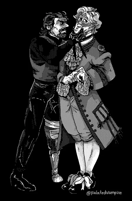 Stede and Izzy stand close to each other. Izzy is scowling and holding Stede's face in his hand. Stede looks away blushing and fidgeting with his fingers. 
